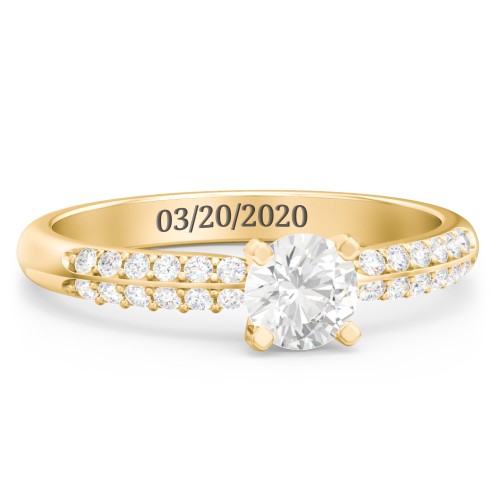 1/2 ct. Round Gemstone Engagement Ring with Double Row Accents – 10K Yellow Gold with Cubic Zirconia and White Premium Zirconia