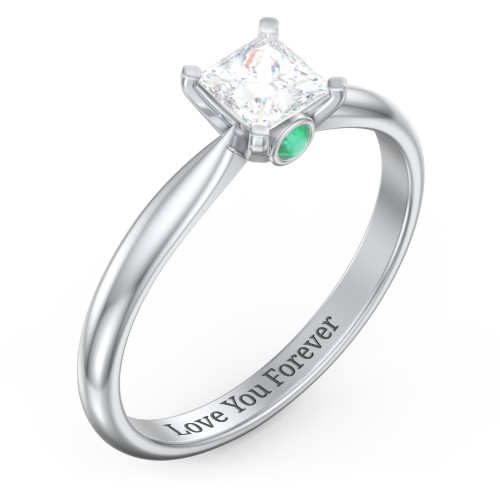 1/2 ct. Princess Gemstone Peek-A-Boo Engagement Ring with Tapered Band – Sterling Silver with White Premium Zirconia and Emerald