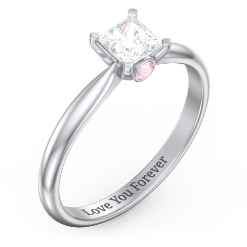 1/2 ct. Princess Gemstone Peek-A-Boo Engagement Ring with Tapered Band – Sterling Silver with White Premium Zirconia and Pink Tourmaline
