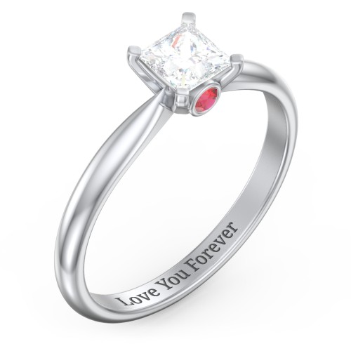 1/2 ct. Princess Gemstone Peek-A-Boo Engagement Ring with Tapered Band – Sterling Silver with White Premium Zirconia and Garnet