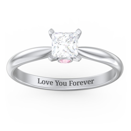 1/2 ct. Princess Gemstone Peek-A-Boo Engagement Ring with Tapered Band – Sterling Silver with White Premium Zirconia and Pink Tourmaline