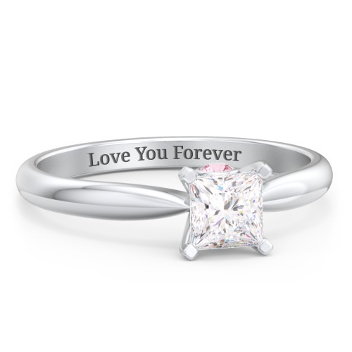 1/2 ct. Princess Gemstone Peek-A-Boo Engagement Ring with Tapered Band – Sterling Silver with White Premium Zirconia and Pink Tourmaline