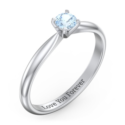 1/4 ct. Round Gemstone Engagement Ring with Tapered Band – Sterling Silver with Aquamarine