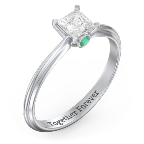 1/2 ct. Princess Gemstone Peek-A-Boo Engagement Ring with Ridged Band – Sterling Silver with White Premium Zirconia and Emerald
