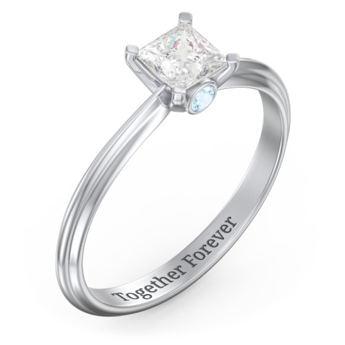 1/2 ct. Princess Gemstone Peek-A-Boo Engagement Ring with Ridged Band – Sterling Silver with White Premium Zirconia and Blue Topaz