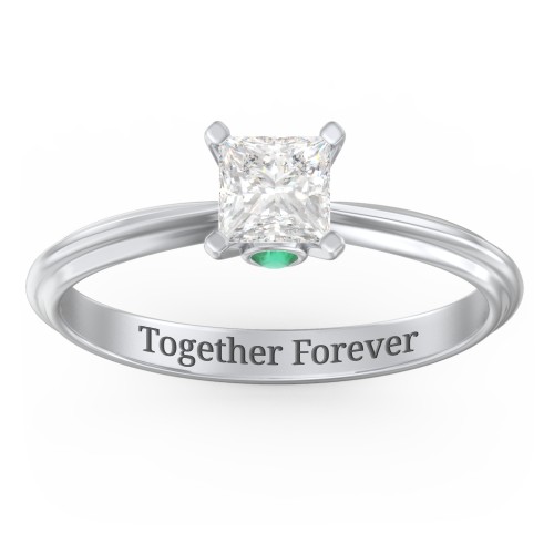 1/2 ct. Princess Gemstone Peek-A-Boo Engagement Ring with Ridged Band – Sterling Silver with White Premium Zirconia and Emerald