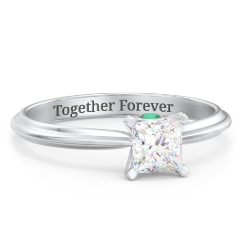1/2 ct. Princess Gemstone Peek-A-Boo Engagement Ring with Ridged Band – Sterling Silver with White Premium Zirconia and Emerald