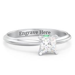 1/2 ct. Princess Gemstone Peek-A-Boo Engagement Ring with Ridged Band in 925 Sterling Silver with White Premium Zirconia and Emerald