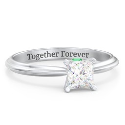 1/2 ct. Princess Gemstone Peek-A-Boo Engagement Ring with Ridged Band in 925 Sterling Silver with White Premium Zirconia and Emerald
