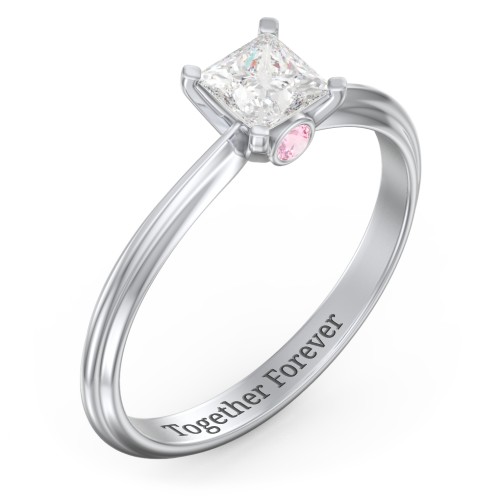 1/2 ct. Princess Gemstone Peek-A-Boo Engagement Ring with Ridged Band – Sterling Silver with White Premium Zirconia and Pink Tourmaline
