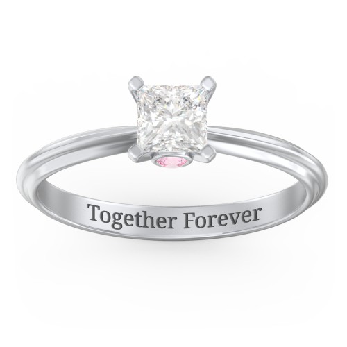 1/2 ct. Princess Gemstone Peek-A-Boo Engagement Ring with Ridged Band – Sterling Silver with White Premium Zirconia and Pink Tourmaline