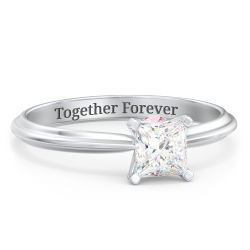1/2 ct. Princess Gemstone Peek-A-Boo Engagement Ring with Ridged Band – Sterling Silver with White Premium Zirconia and Pink Tourmaline