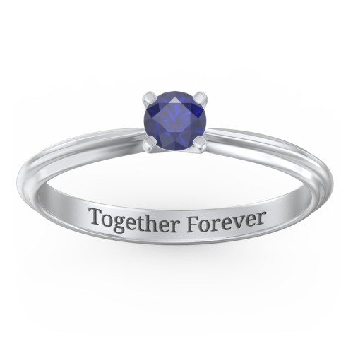 1/4 ct. Round Gemstone Engagement Ring with Ridged Band – Sterling Silver with Blue Sapphire