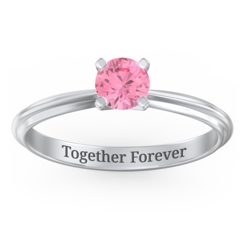 1/2 ct. Round Gemstone Engagement Ring with Ridged Band – Sterling Silver with Pink Tourmaline