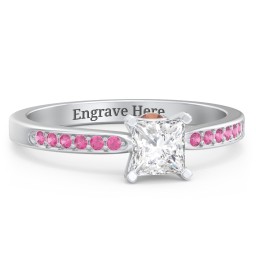 1/2 ct. Princess Gemstone Peek-A-Boo Engagement Ring with Side Accent Stones in 925 Sterling Silver with White Premium Zirconia, Red Premium Zirconia, and Garnet
