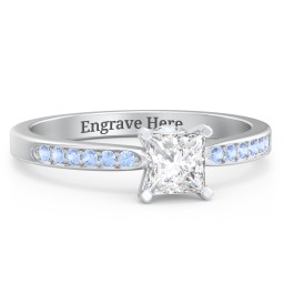 1/2 ct. Princess Gemstone Peek-A-Boo Engagement Ring with Side Accent Stones in 925 Sterling Silver with White Premium Zirconia, Fancy Blue Premium Zirconia, and Aquamarine