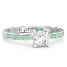 1/2 ct. Princess Gemstone Peek-A-Boo Engagement Ring with Side Accent Stones in 925 Sterling Silver with White Premium Zirconia, Green Premium Zirconia, and Emerald