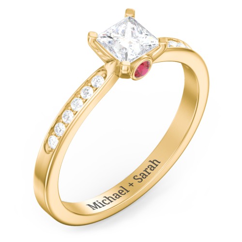 1/2 ct. Princess Gemstone Peek-A-Boo Engagement Ring with Side Accent Stones – 10K Yellow Gold with White Premium Zirconia and Garnet