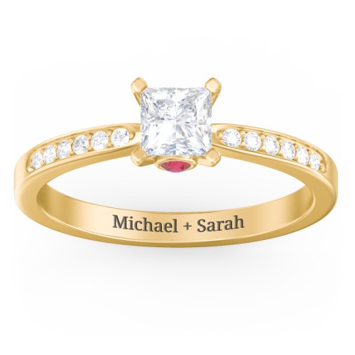 1/2 ct. Princess Gemstone Peek-A-Boo Engagement Ring with Side Accent Stones – 10K Yellow Gold with White Premium Zirconia and Garnet