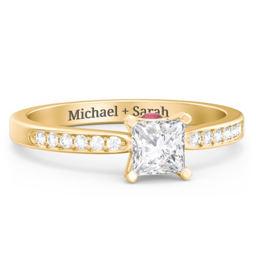 1/2 ct. Princess Gemstone Peek-A-Boo Engagement Ring with Side Accent Stones – 10K Yellow Gold with White Premium Zirconia and Garnet