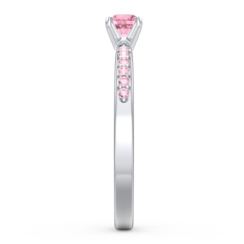 1/4 ct. Round Gemstone Engagement Ring with Side Accent Stones – Sterling Silver with Pink Tourmaline and Fancy Pink Premium Zirconia