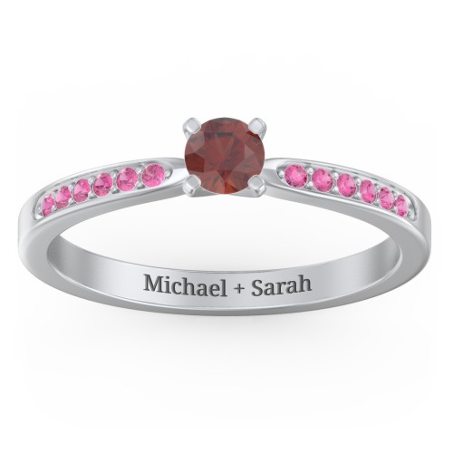 1/4 ct. Round Gemstone Engagement Ring with Side Accent Stones – Sterling Silver with Garnet and Red Premium Zirconia