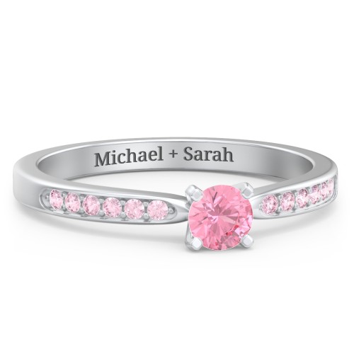 1/4 ct. Round Gemstone Engagement Ring with Side Accent Stones – Sterling Silver with Pink Tourmaline and Fancy Pink Premium Zirconia