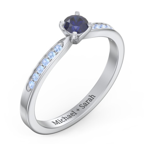 1/4 ct. Round Gemstone Engagement Ring with Side Accent Stones – Sterling Silver with Blue Sapphire and Fancy Blue Premium Zirconia
