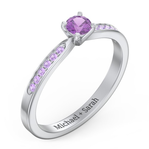 1/4 ct. Round Gemstone Engagement Ring with Side Accent Stones – Sterling Silver with Amethyst and Amethyst Premium Zirconia