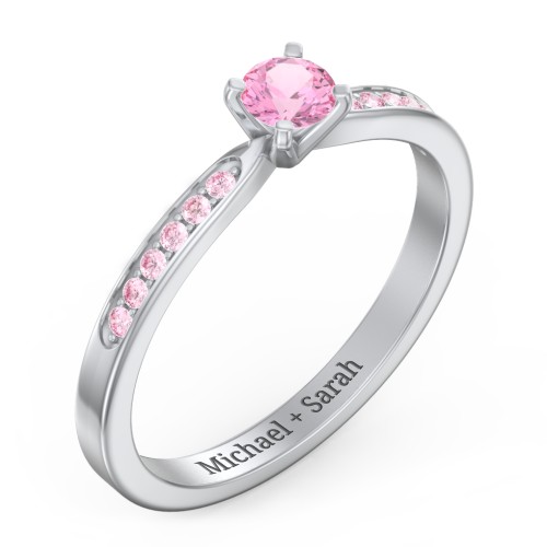 1/4 ct. Round Gemstone Engagement Ring with Side Accent Stones – Sterling Silver with Pink Tourmaline and Fancy Pink Premium Zirconia