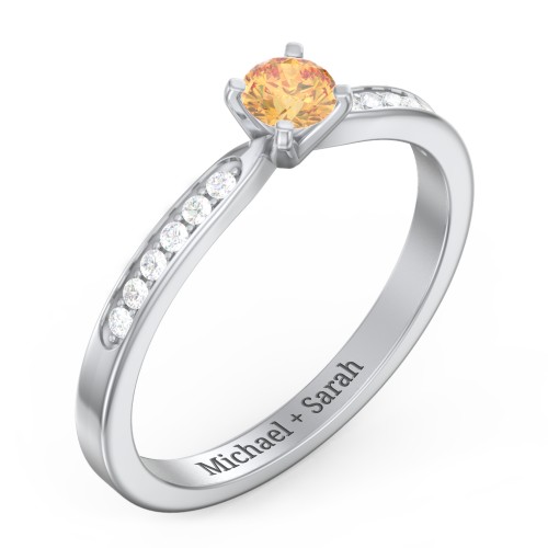 1/4 ct. Round Gemstone Engagement Ring with Side Accent Stones – Sterling Silver with Citrine and Diamond