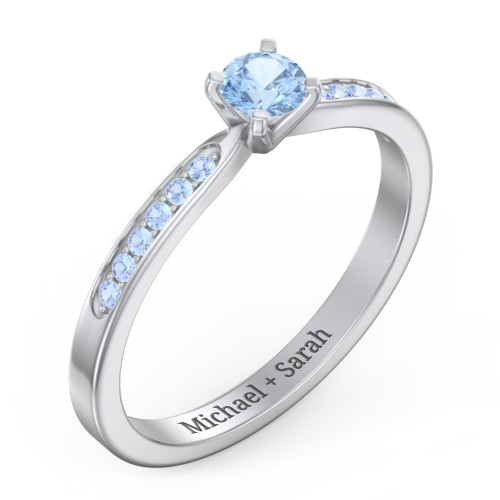 1/4 ct. Round Gemstone Engagement Ring with Side Accent Stones – Sterling Silver with Blue Topaz and Fancy Blue Premium Zirconia