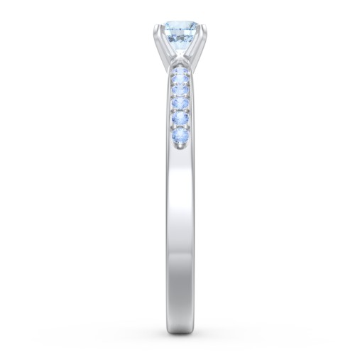 1/4 ct. Round Gemstone Engagement Ring with Side Accent Stones – Sterling Silver with Aquamarine and Fancy Blue Premium Zirconia