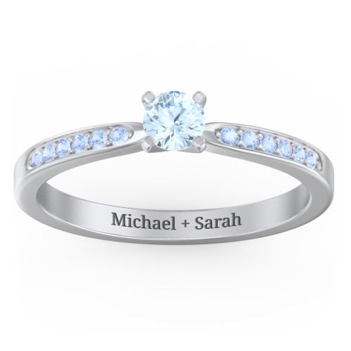 1/4 ct. Round Gemstone Engagement Ring with Side Accent Stones – Sterling Silver with Aquamarine and Fancy Blue Premium Zirconia
