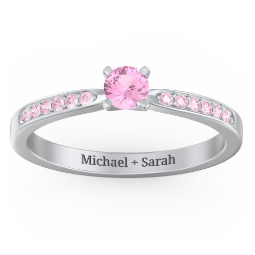1/4 ct. Round Gemstone Engagement Ring with Side Accent Stones – Sterling Silver with Pink Tourmaline and Fancy Pink Premium Zirconia