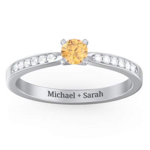 1/4 ct. Round Gemstone Engagement Ring with Side Accent Stones – Sterling Silver with Citrine and Diamond