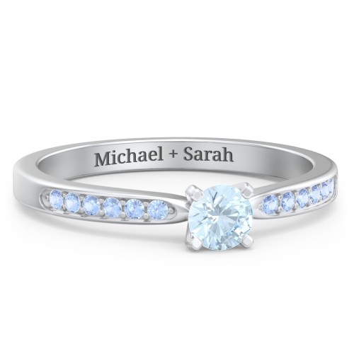 1/4 ct. Round Gemstone Engagement Ring with Side Accent Stones – Sterling Silver with Aquamarine and Fancy Blue Premium Zirconia