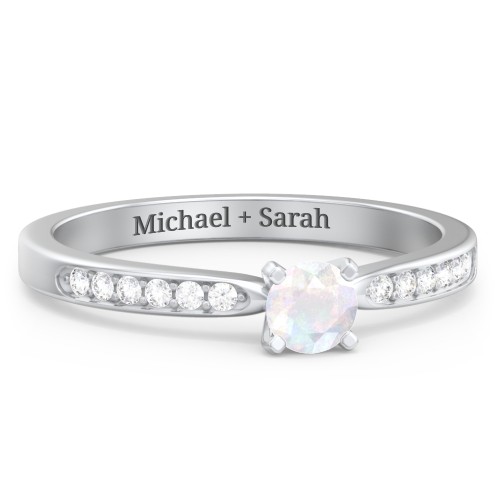 1/4 ct. Round Gemstone Engagement Ring with Side Accent Stones – Sterling Silver with Opal and White Premium Zirconia