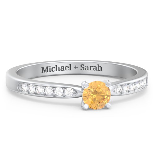 1/4 ct. Round Gemstone Engagement Ring with Side Accent Stones – Sterling Silver with Citrine and Diamond