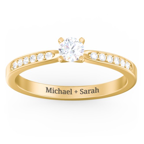 1/4 ct. Round Gemstone Engagement Ring with Side Accent Stones – 10K Yellow Gold with White Sapphire and White Premium Zirconia