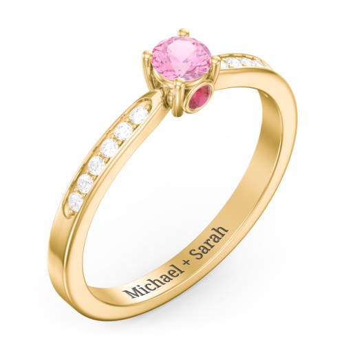 1/4 ct. Round Gemstone Peek-A-Boo Engagement Ring with Side Accent Stones – 10K Yellow Gold with Pink Tourmaline, White Premium Zirconia, and Garnet