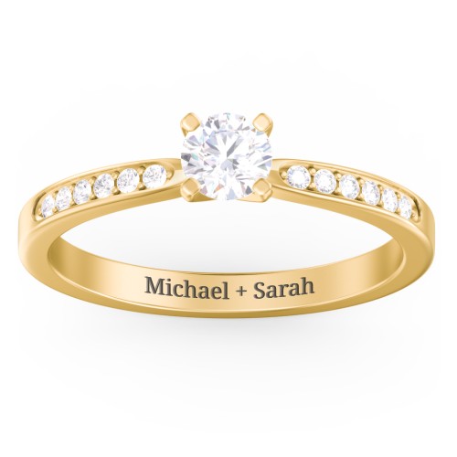 1/3 ct. Round Gemstone Engagement Ring with Side Accent Stones – 10K Yellow Gold with White Premium Zirconia