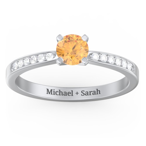1/2 ct. Round Gemstone Engagement Ring with Side Accent Stones – Sterling Silver with Citrine and White Premium Zirconia