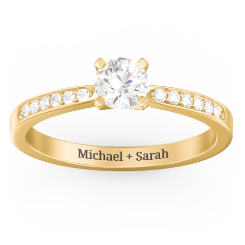 1/2 ct. Round Gemstone Engagement Ring with Side Accent Stones – 10K Yellow Gold with Cubic Zirconia and White Premium Zirconia