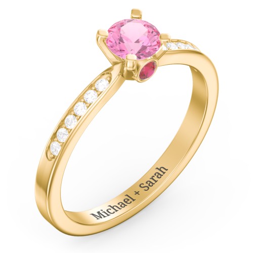 1/2 ct. Round Gemstone Peek-A-Boo Engagement Ring with Side Accent Stones – 10K Yellow Gold with Pink Tourmaline, White Premium Zirconia, and Garnet