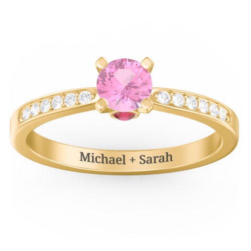1/2 ct. Round Gemstone Peek-A-Boo Engagement Ring with Side Accent Stones – 10K Yellow Gold with Pink Tourmaline, White Premium Zirconia, and Garnet