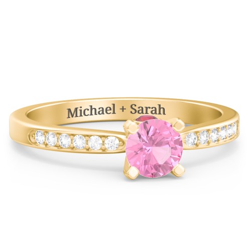 1/2 ct. Round Gemstone Peek-A-Boo Engagement Ring with Side Accent Stones – 10K Yellow Gold with Pink Tourmaline, White Premium Zirconia, and Garnet
