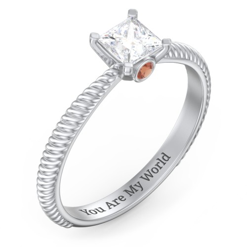 1/2 ct. Princess Gemstone Peek-A-Boo Engagement Ring with Twisted Rope Band – Sterling Silver with White Premium Zirconia and Garnet