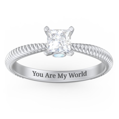 1/2 ct. Princess Gemstone Peek-A-Boo Engagement Ring with Twisted Rope Band – Sterling Silver with White Premium Zirconia and Blue Topaz