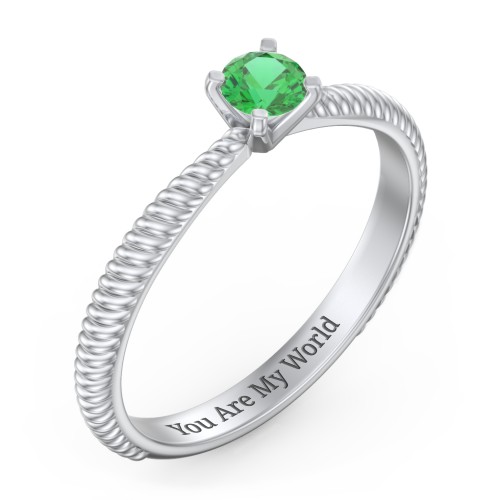 1/4 ct. Round Gemstone Engagement Ring with Twisted Rope Band – Sterling Silver with Emerald